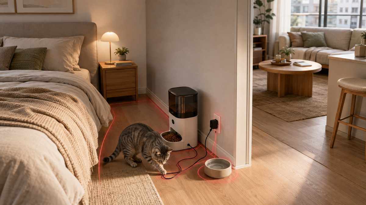  Automatic pet feeder beside a bed, shared wall, loose cord and water bowl in a small apartment